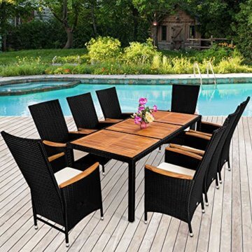 Casaria Poly Rattan Sitzgruppe 8+1 Schwarz 7cm Dicke Auflagen Tisch & Armlehnen aus Holz Neigbare Lehne Gartenmöbel Set - 6